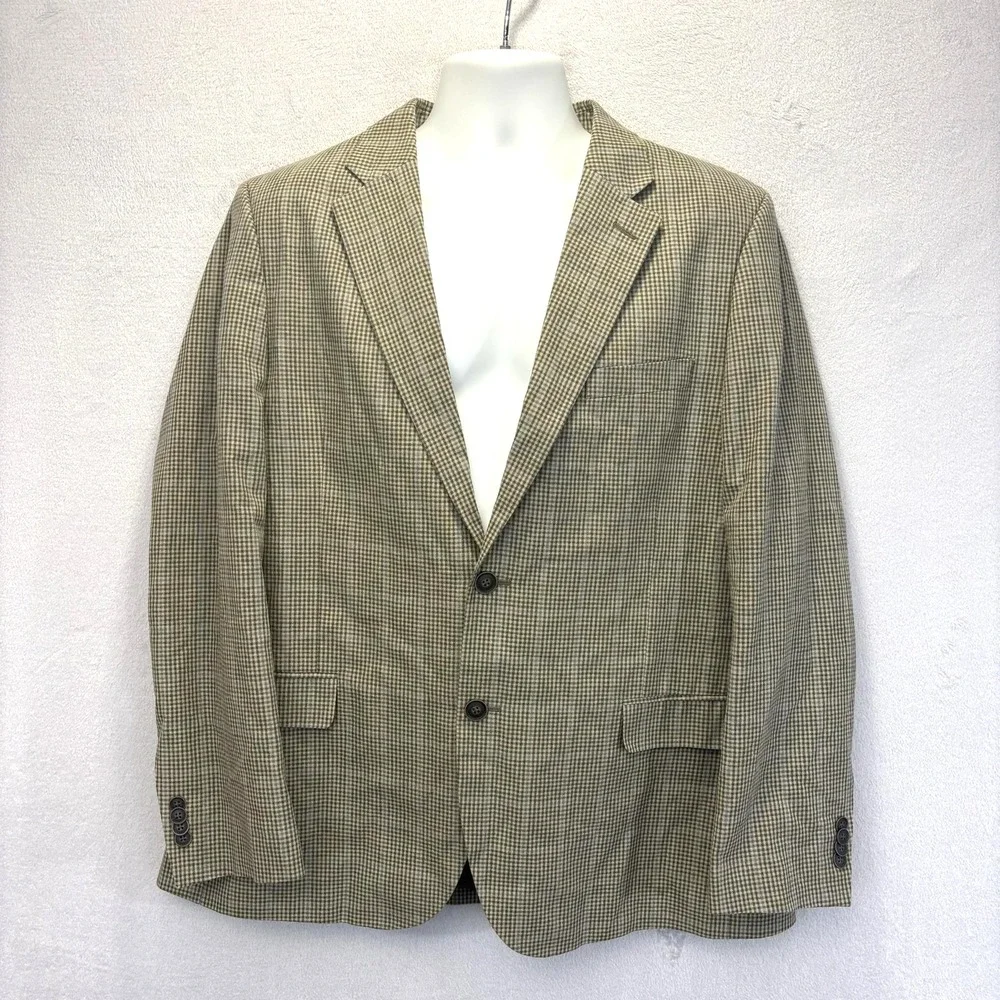 Nautica Linen Cotton Sport Coat Blazer Mens 44R Modern Fit Olive Green Check